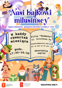 Plakat na którym znajdują się obrazki bohaterów z bajek dziecięcych oraz otwartej książki.