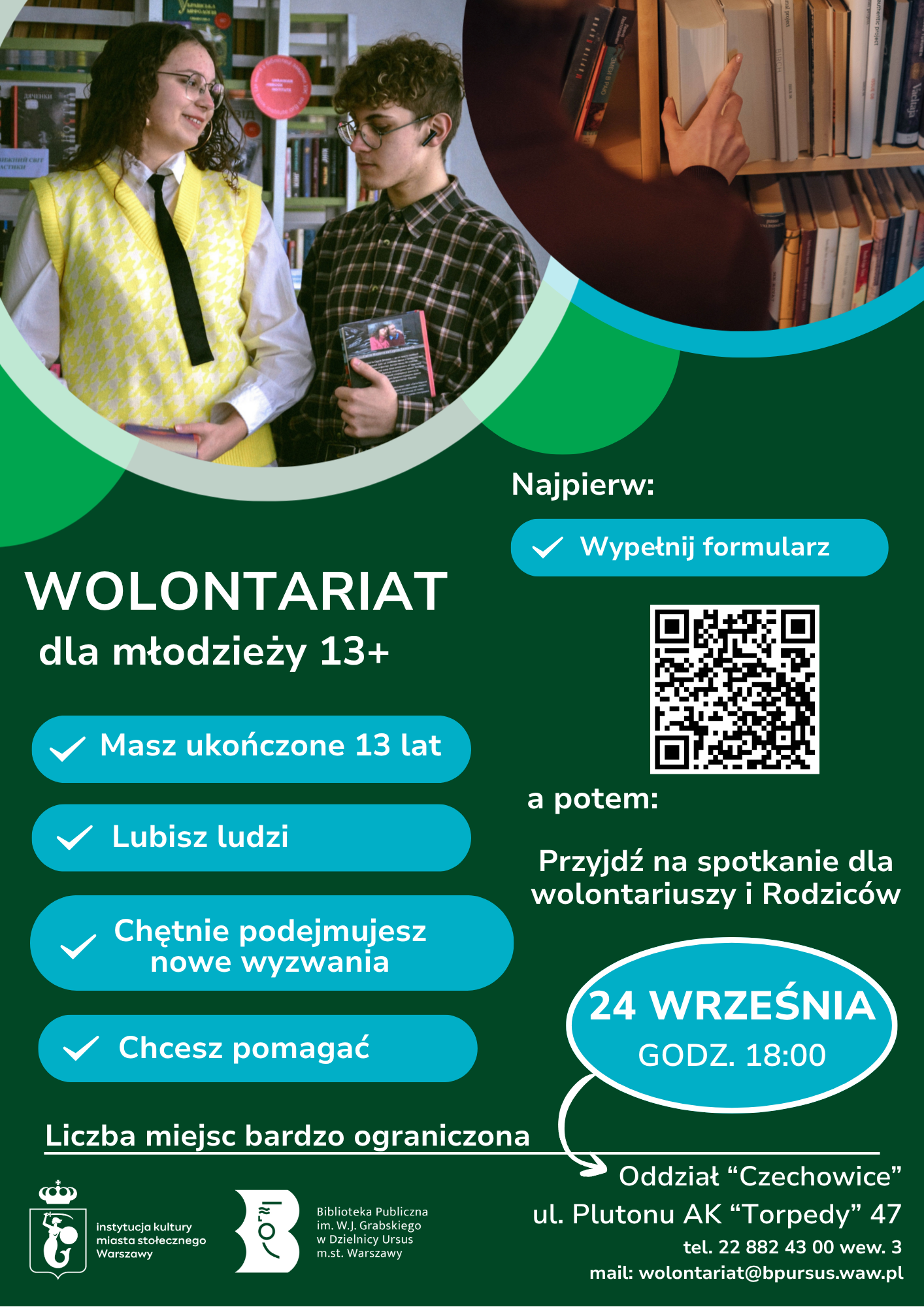 wolontariat-nabór Plakat w zielono niebieskich barwach. U góry plakatu znajdują się zdjęcia: chłopca i dziewczyny którzy trzymają w rękach książki oraz osoby sięgającej po książkę z regału, która stoi tyłem do widza.